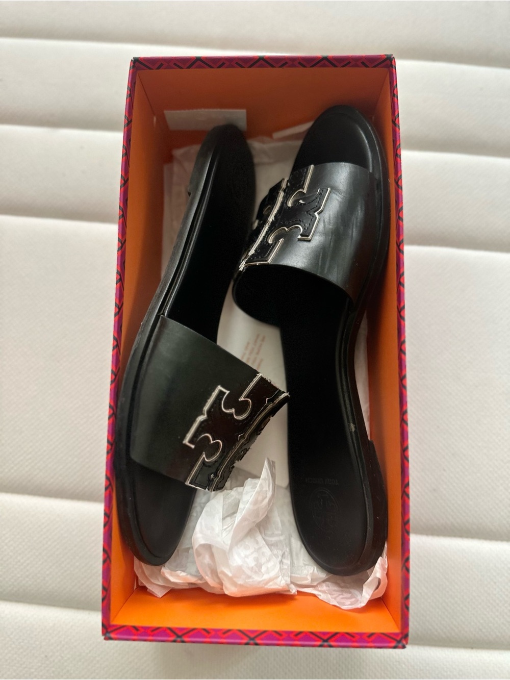 Black Slide Sandals with Silver Logo Accent